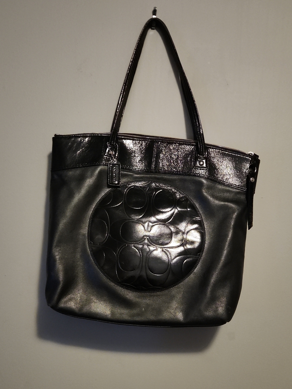 Coach Black Leather Signature Circle Tote Shoulder Bag